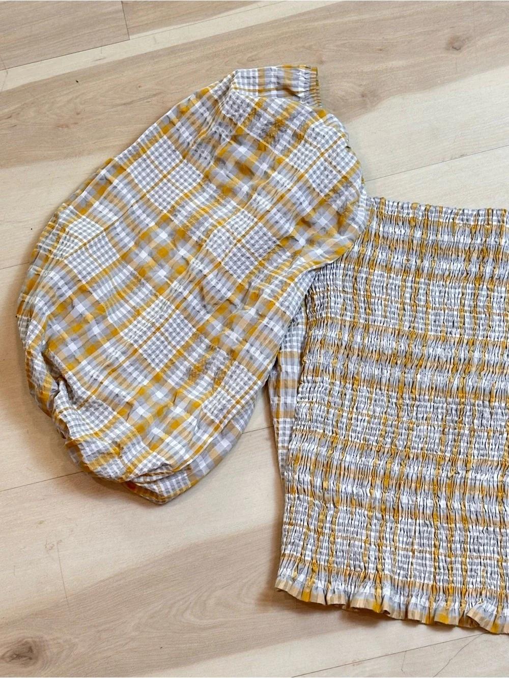 Anthropologie Maeve Plaid Square-Neck Blouse Sz M puff sleeves Casual Travel